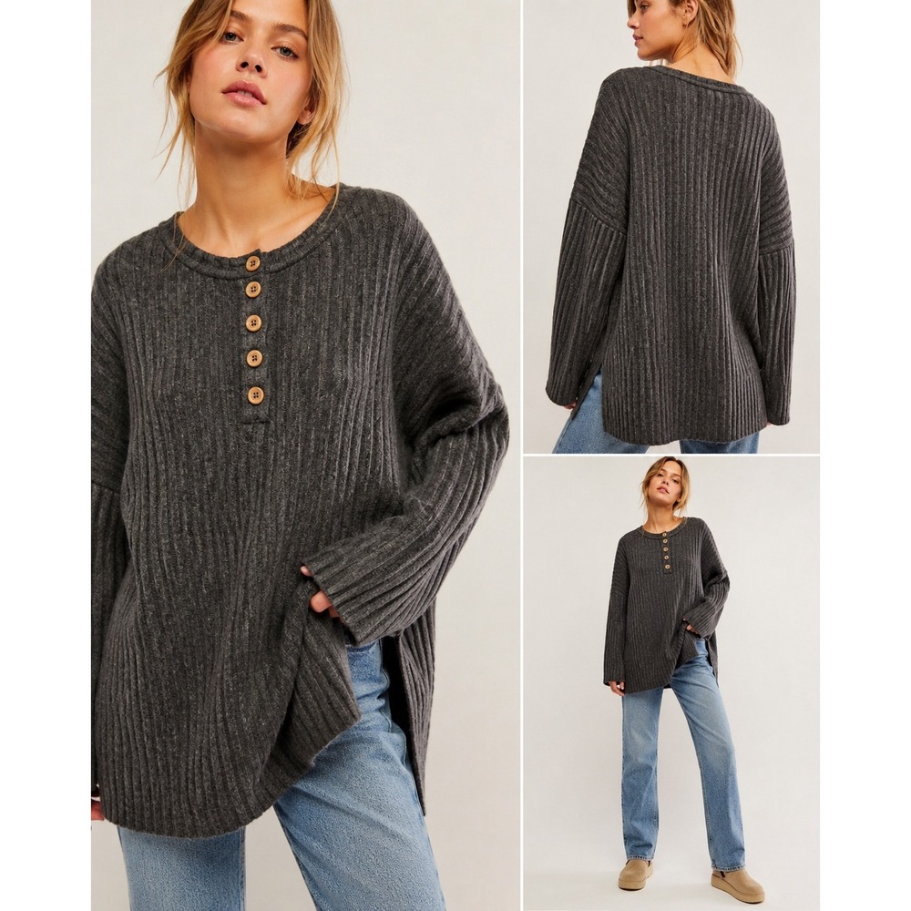 Intimately Free People Womens Ribbed Henley Sweater Gray‎ Oversized Tunic Small